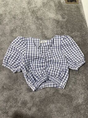 Blue Gingham Puff Sleeve Crop Top